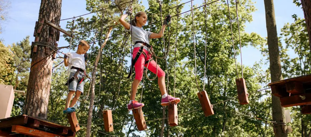 Two children wearing safety harnesses balance across a suspended rope-and-plank obstacle on a treetop ropes course surrounded by forest trees.